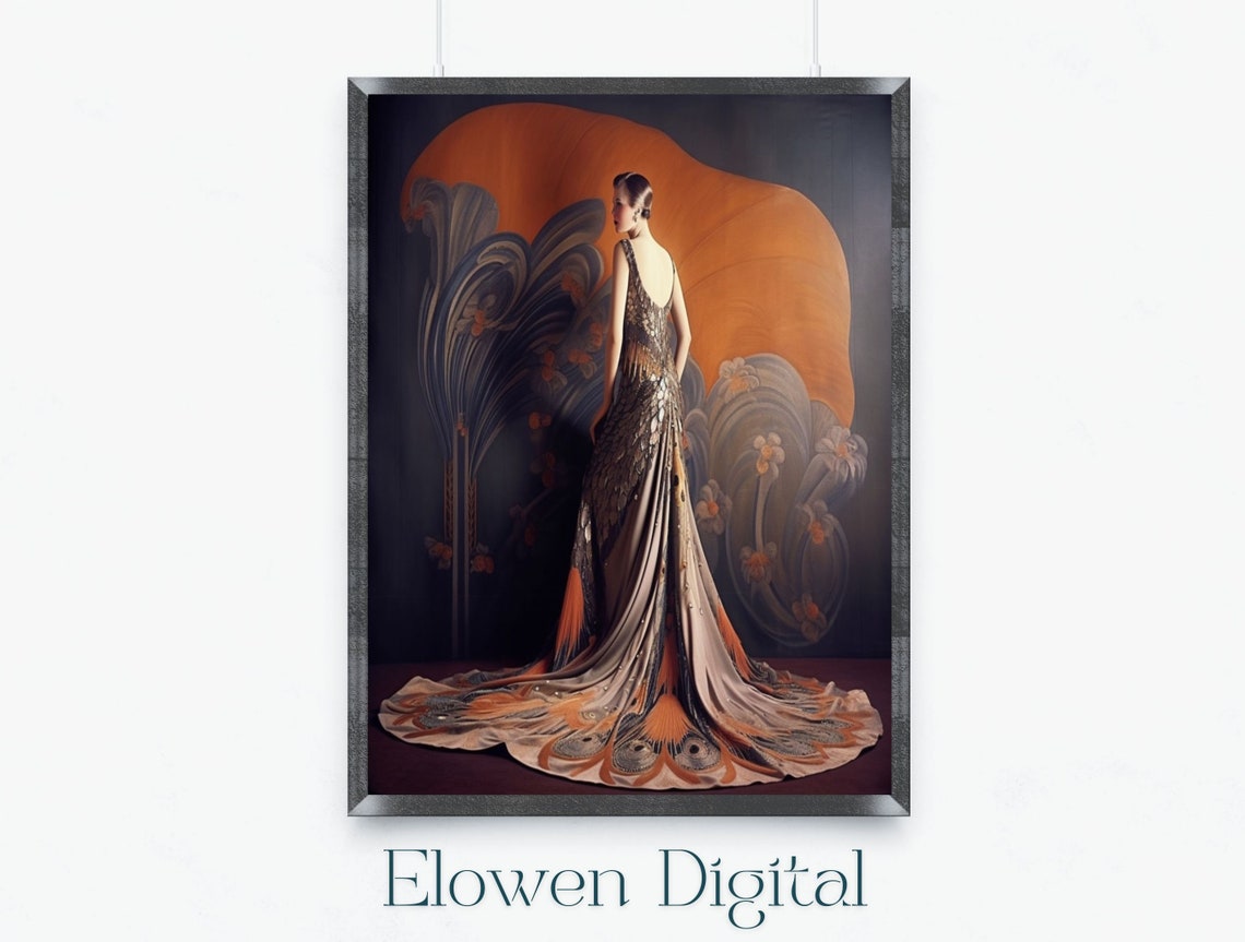 Art Deco Woman in Peacock-Feather Train Gown From Behind Poster