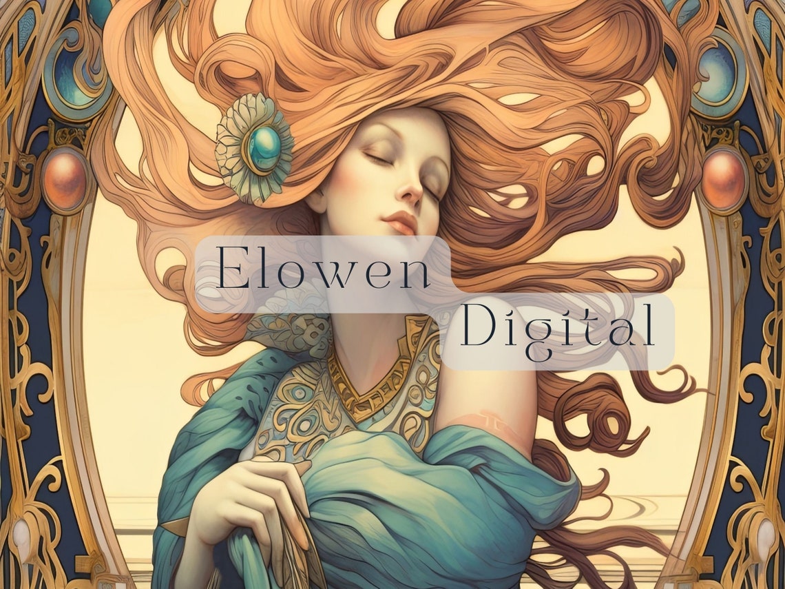 Red Haired Beauty In Teal Gown With Flowing Hair Art Nouveau Wall Art - Image 3