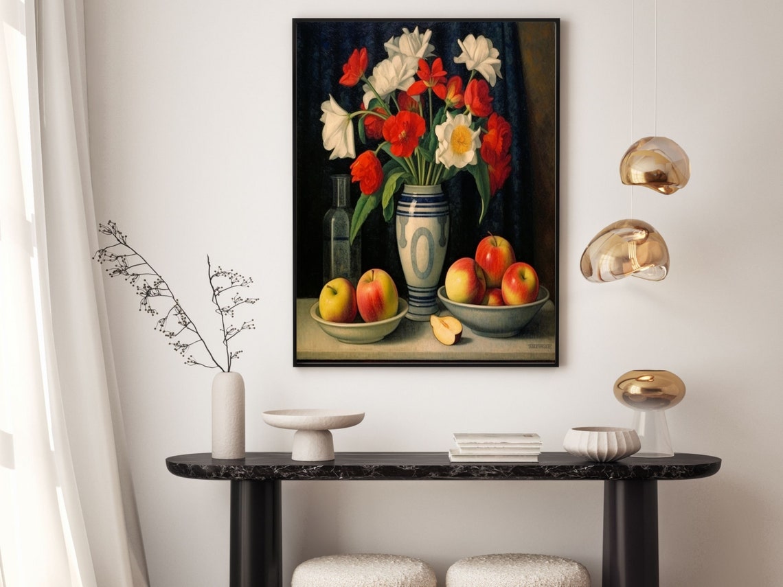 Vintage Still Life Tulips and Apples Kitchen Oil Painting Print - Image 2