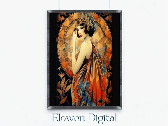 Art Deco Woman In An Erte Red Gown Wall Art Of Woman In Flame Erte Gown Vintage Fashion Erte Gown With Art Deco Decor