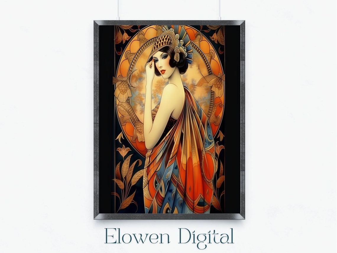 Art Deco Woman In An Erte Red Gown Wall Art Of Woman In Flame Erte Gown Vintage Fashion Erte Gown With Art Deco Decor