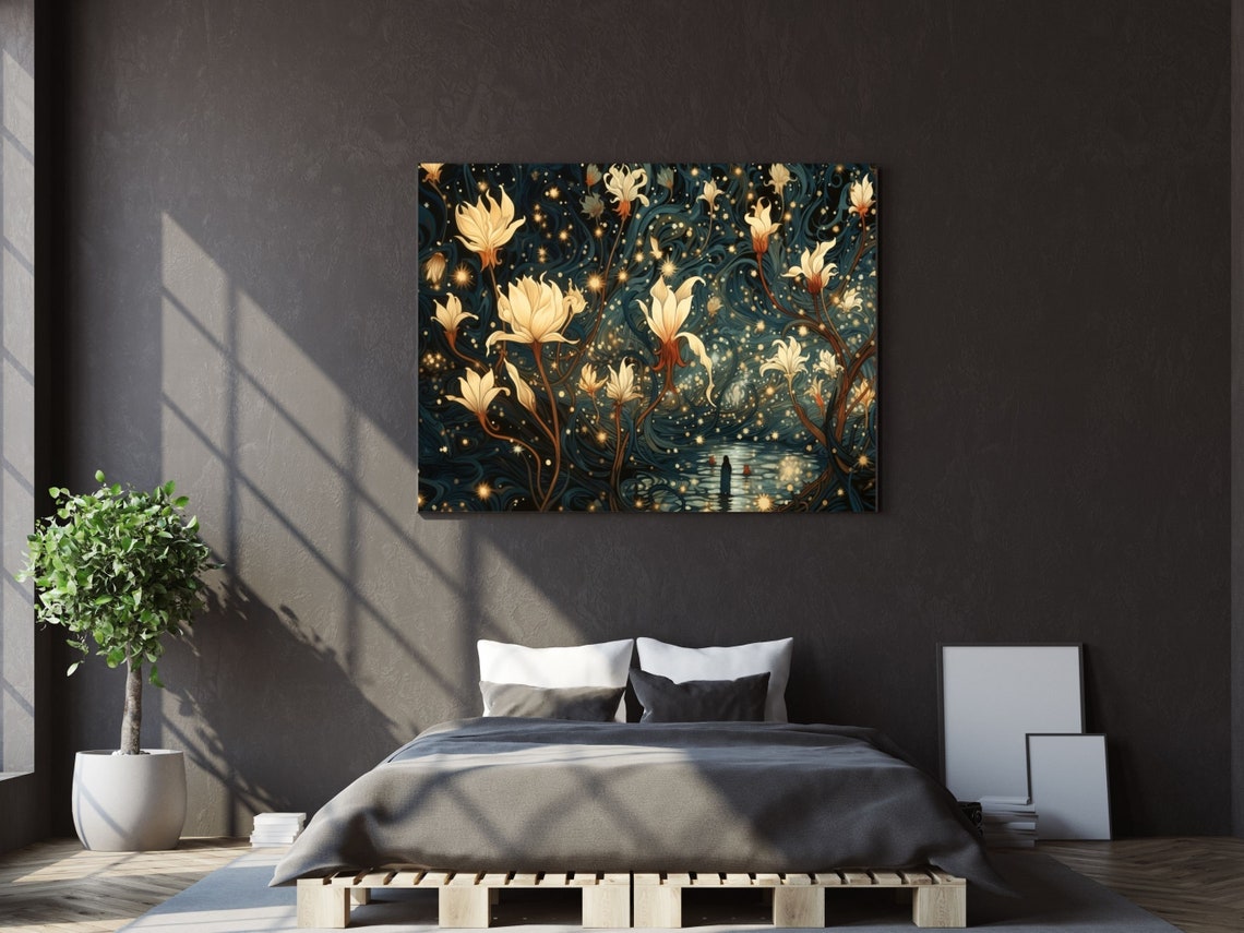 White Night Blooming Lilies Midnight Blue Starry Sky Wall Art - Image 4