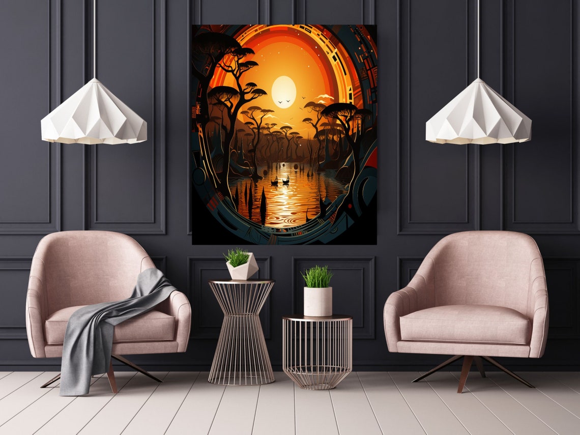 African Sunset Acacia Trees at a Lake Surreal Colorful Sunset Poster - Image 2