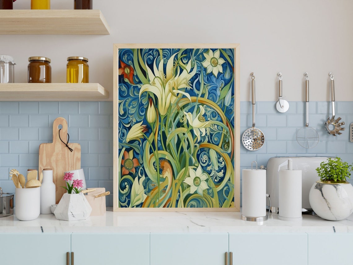 Surreal Spring Lilies in Deep Blue Swirling Tendrils Botanical Poster - Image 2