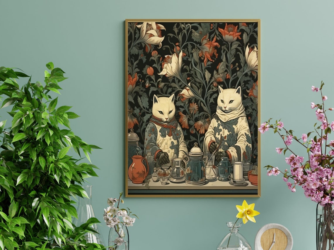 Whimsical White Cats in Kimonos Brewing Tea in the Kitchen Poster - Image 3