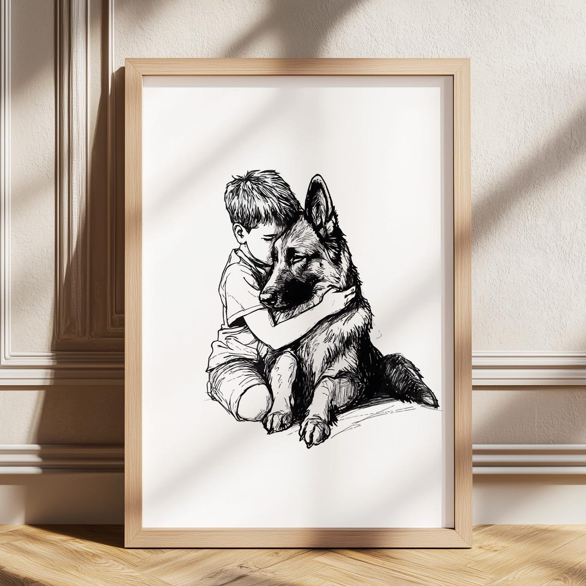 Boy Hugging His German Shepherd Tender Nursery Dog Sketch Poster