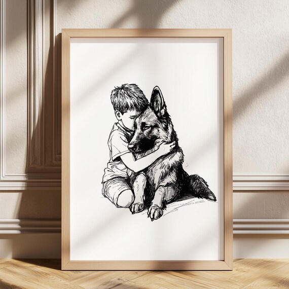 Boy Hugging His German Shepherd Tender Nursery Dog Sketch Poster