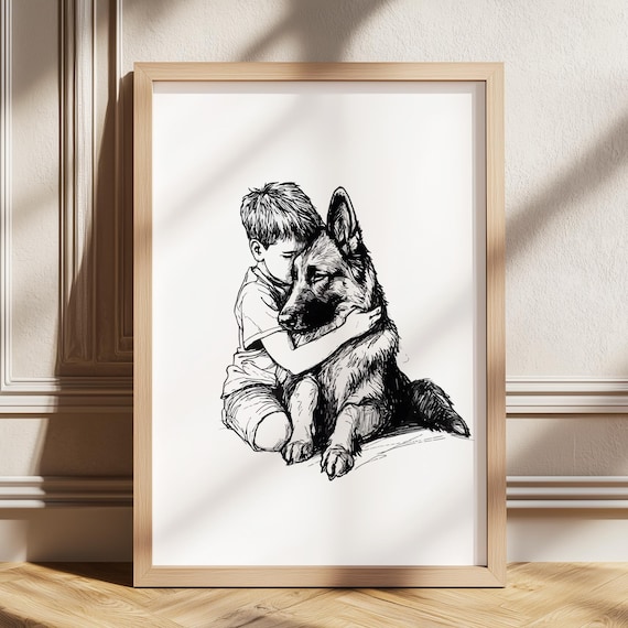 Boys Nursery Print German Shepherd And Boy Poster Dog Wall Art Baby Room Retro Decor Sketch Neutral