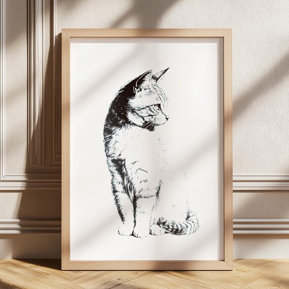 Vintage Cat Profile Sketch Minimalist Black and White Animal Wall Art
