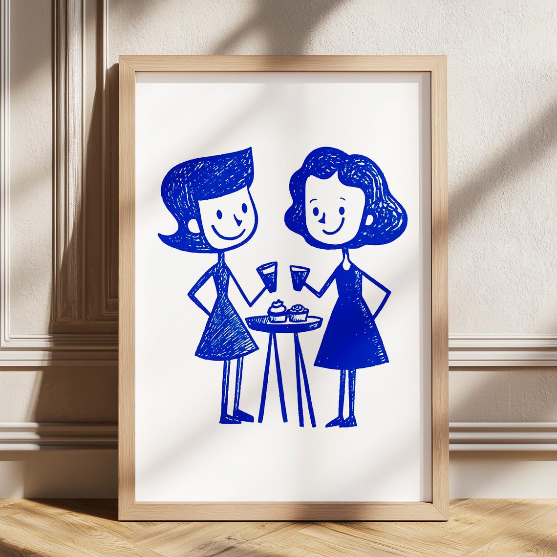 Retro Ladies Toasting Drinks Midcentury Blue Kitchen Decor Poster