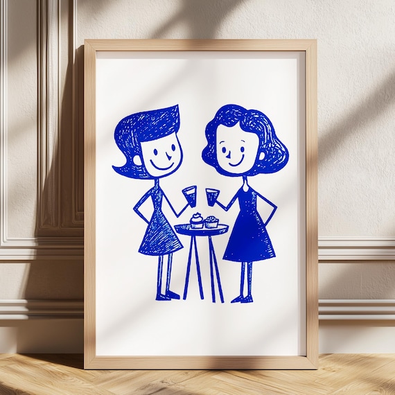 Retro Ladies Toasting Drinks Midcentury Blue Kitchen Decor Poster