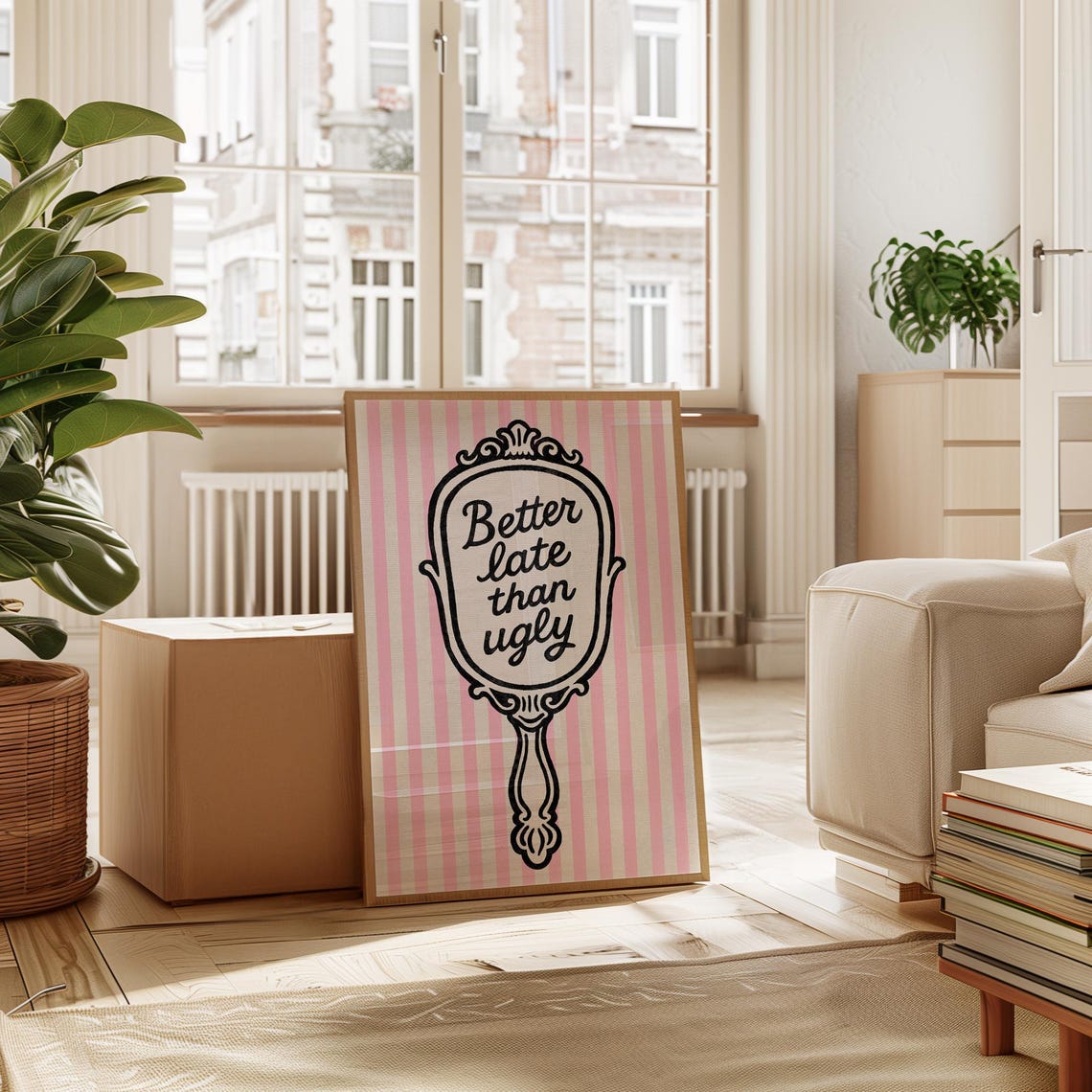 Better Late Than Ugly Funny Vanity Wall Art Print Pink Striped Mirror Poster Bold Bathroom 2x3 3x4 Ratios