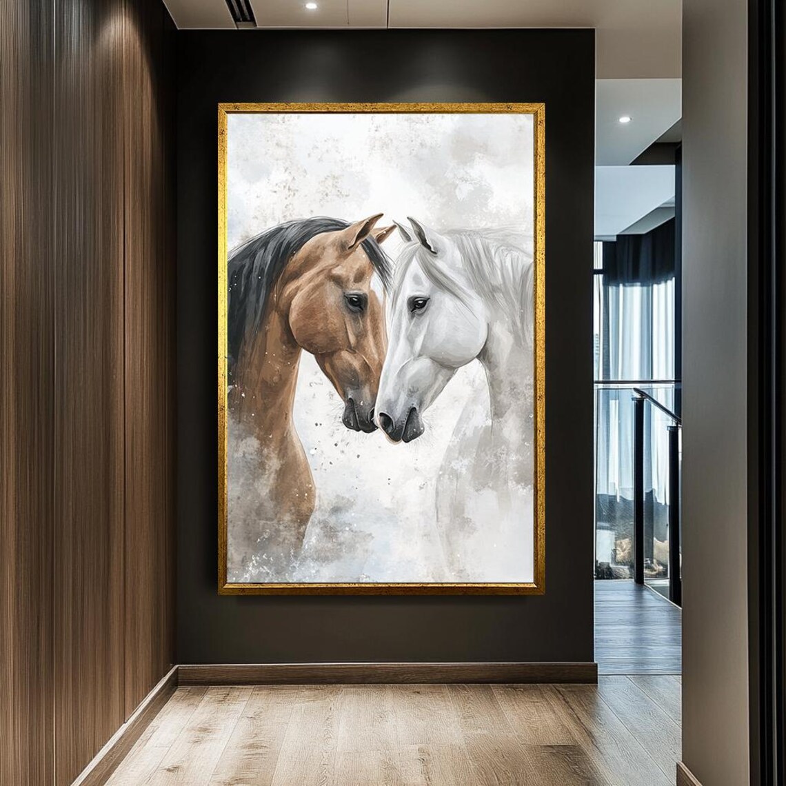 Two Horses Embracing Brown White Watercolor Gentle Animal Poster - Image 2
