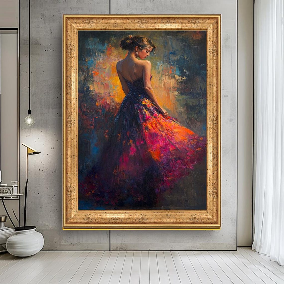 Vibrant Woman Flowing Multicolor Dress Impressionist Painting Poster