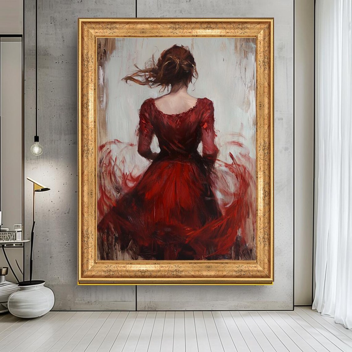 Woman In Flowing Red Dress Back View Emotional Painterly Art Poster
