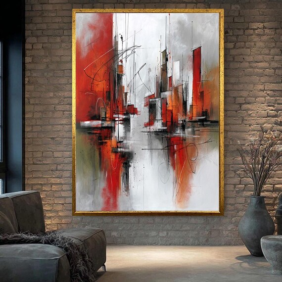 Abstract Cityscape Canvas Wall Art Modern Red And Gray Geometric Painting Contemporary Urban Skyline Print For Home Decor