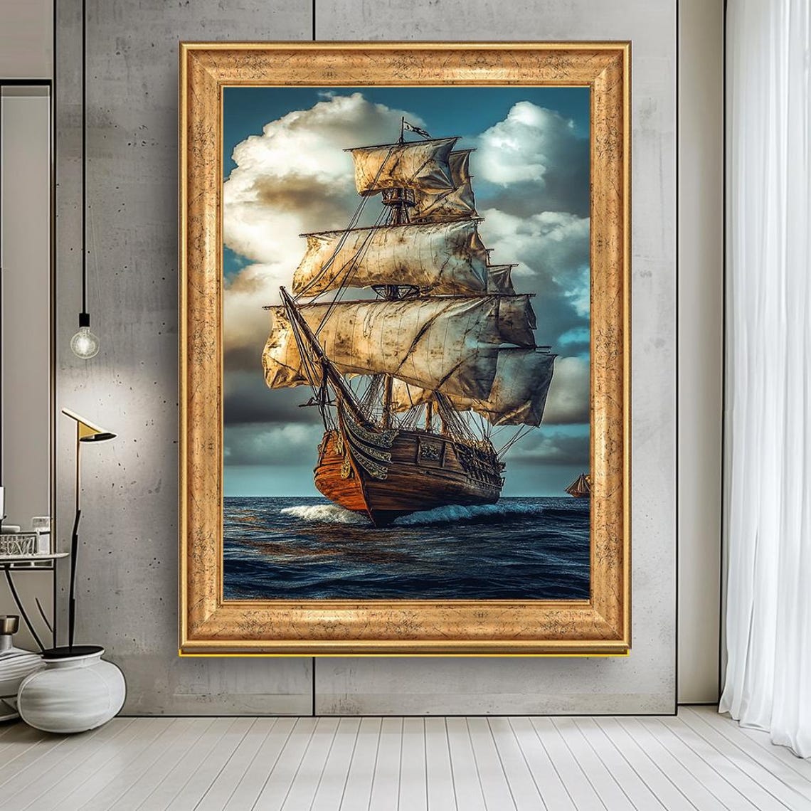 Vintage Tall Ship Full Sails Dramatic Ocean Nautical Painting Poster