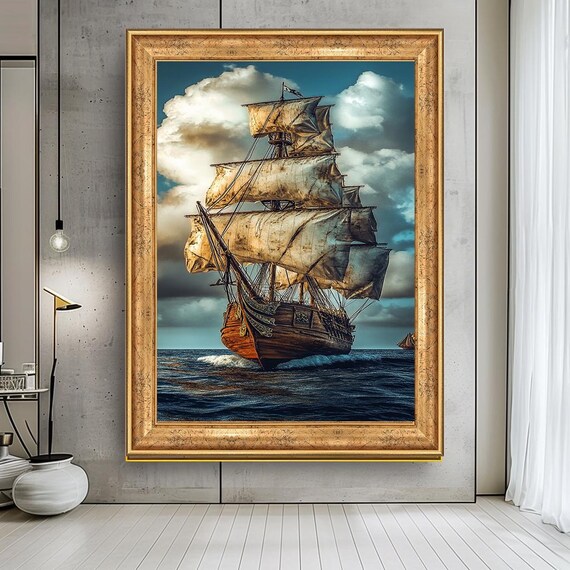Vintage Sailing Ship Art Nautical Wall Decor Large Ocean Ship Painting Maritime Adventure Art Classic Sailing Vessel Home Decor