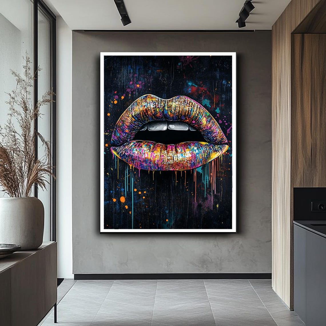 Colorful Graffiti Lips Dripping Paint Dark Statement Pop Wall Art - Image 2