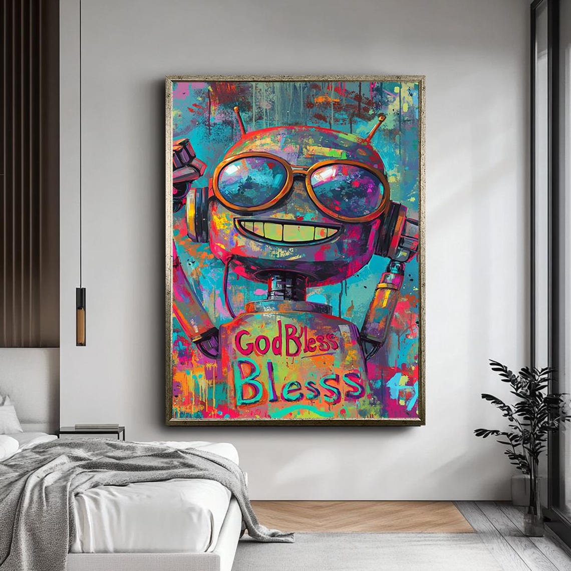 Funky Robot God Bless Graffiti Colorful Urban Pop Art Kids Poster - Image 4
