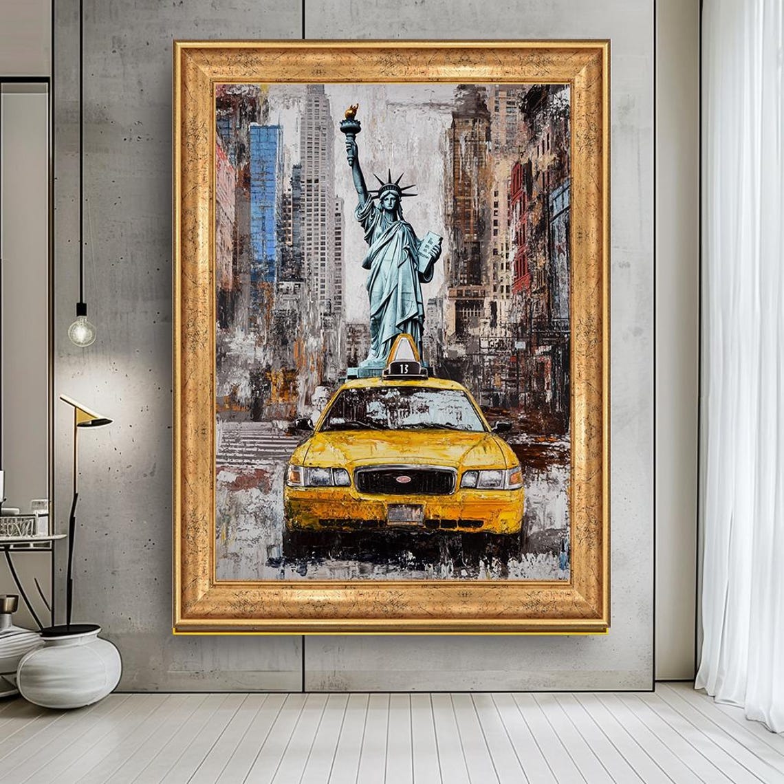 New York City Taxi And Statue Of Liberty Wall Art Urban Nyc Iconic Yellow Cab Painting Modern Cityscape Decor New York Artwork