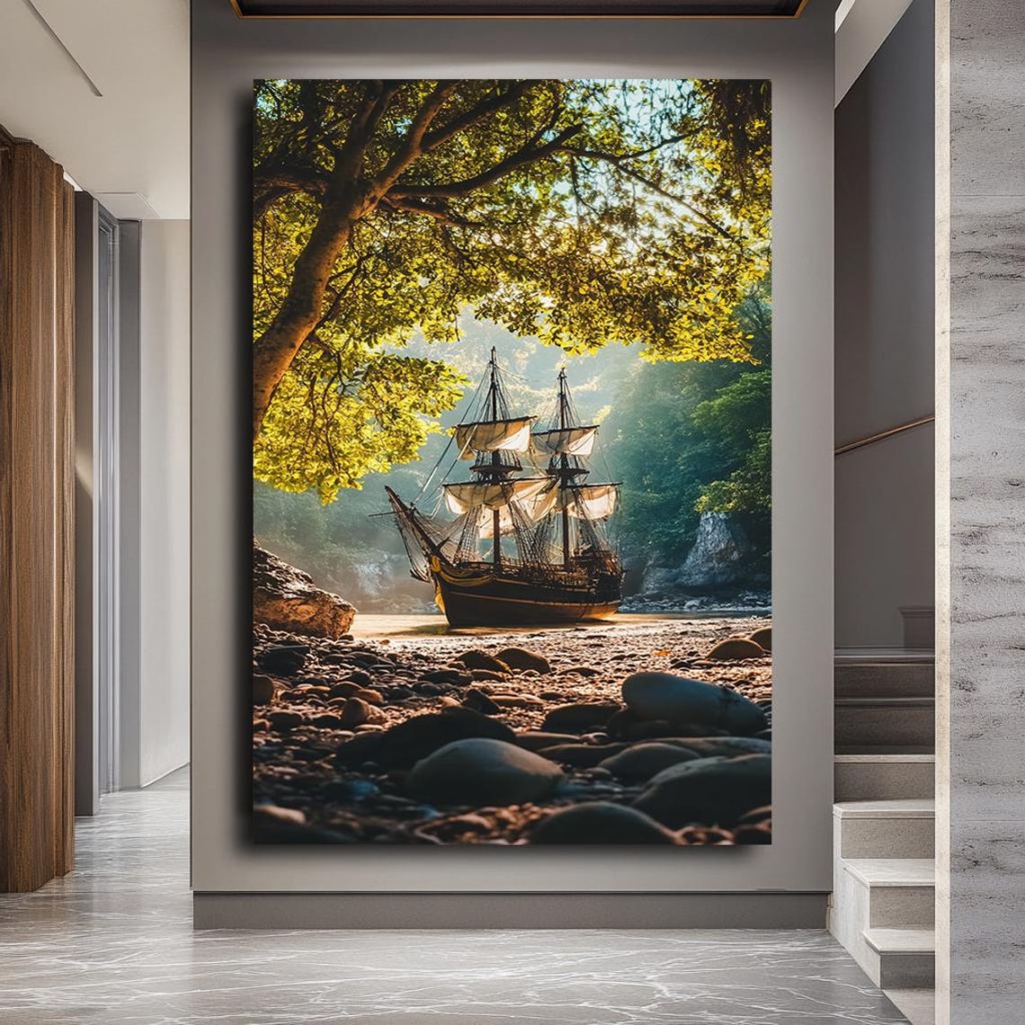 Vintage Pirate Ship Forest Cove Rocky Beach Nautical Adventure Poster - Image 3