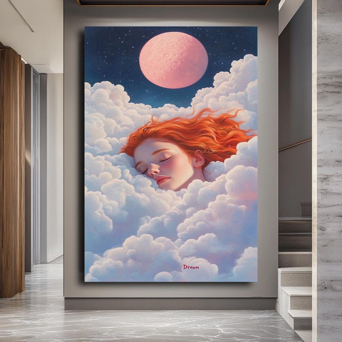 Sleeping Girl In Clouds Pink Moon Dream Surreal Ethereal Wall Art - Image 4