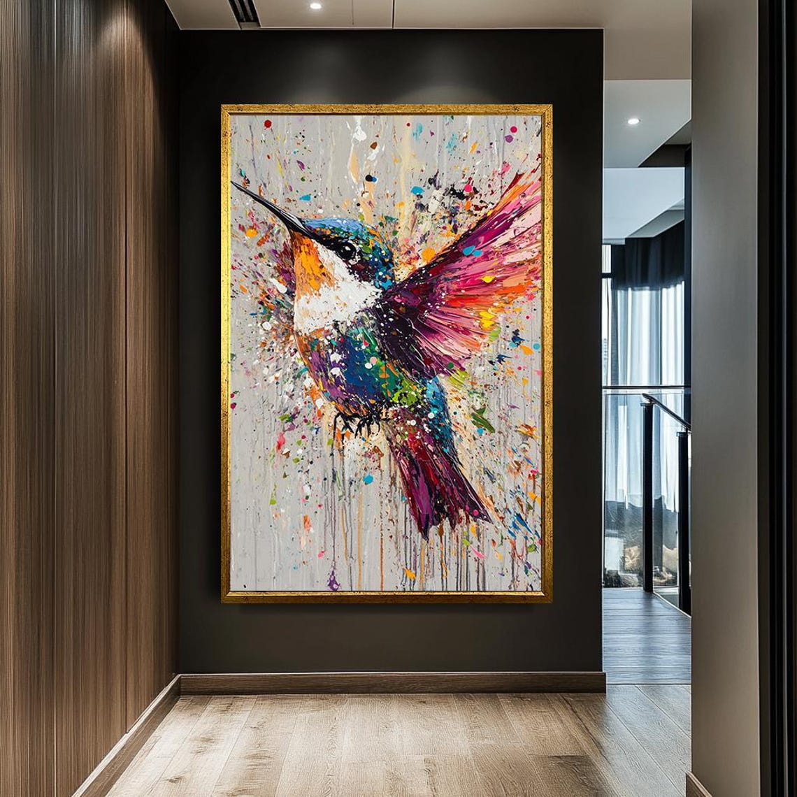 Colorful Hummingbird Splash Paint Splatter Abstract Bird Art Poster - Image 2