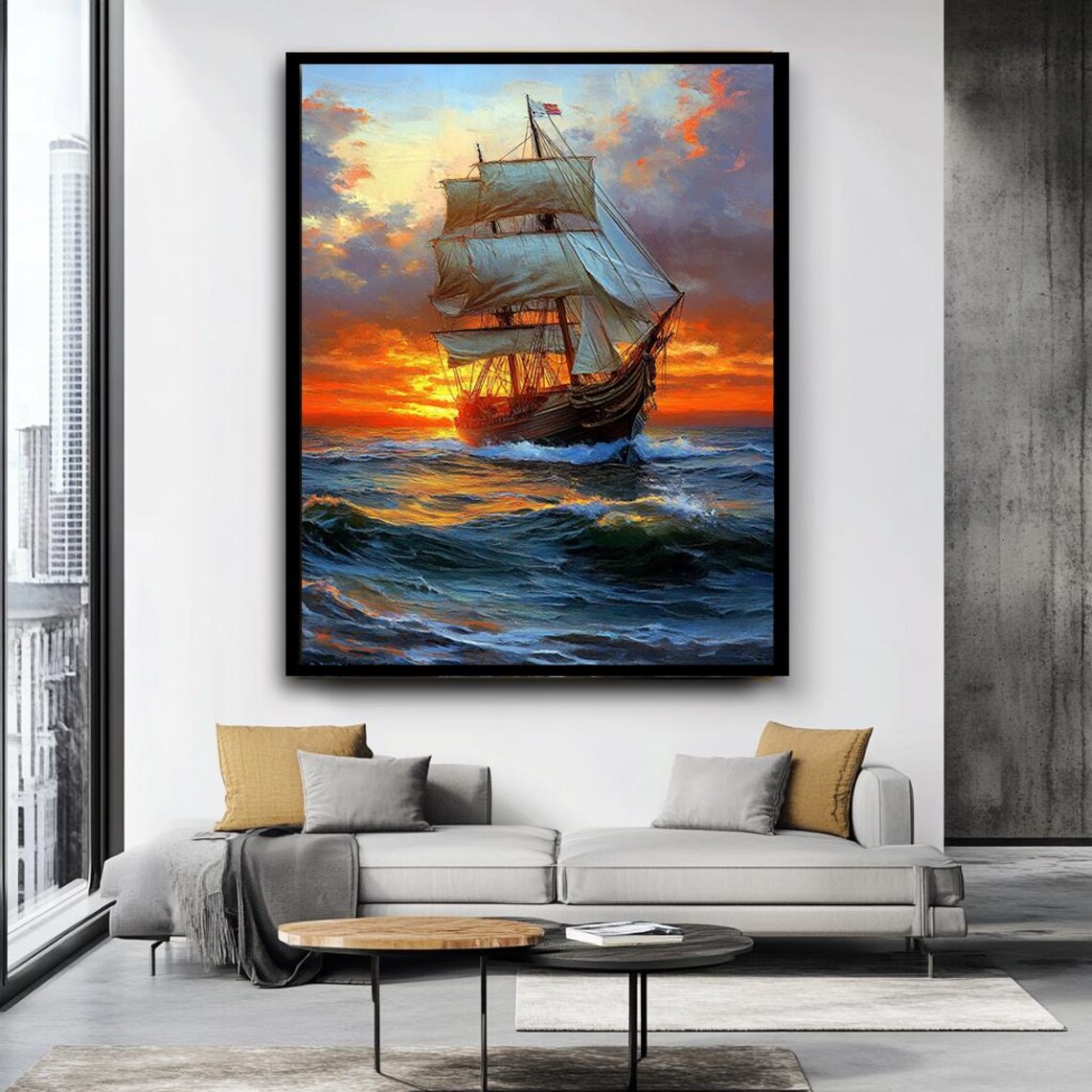 Sunset Ocean Art Sunset Sailing Ship Print Majestic Tall Ship On The Ocean At Sunset Nautical Wall Art - Image 3