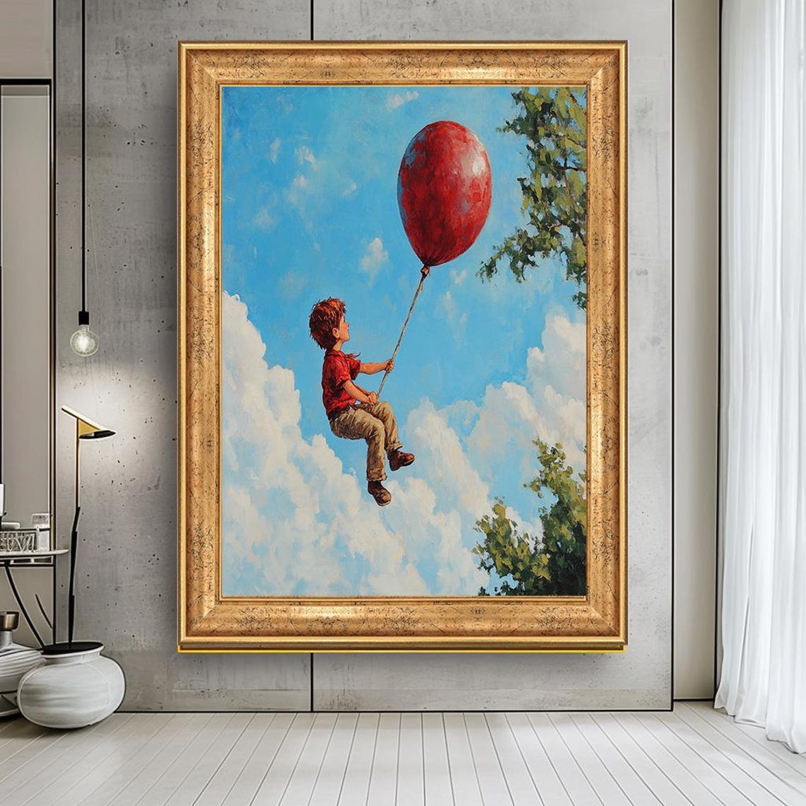 Boy With Giant Red Balloon Floating Clouds Dreamy Kids Wall Art - Image 4