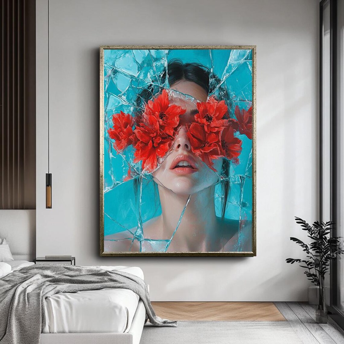 Surreal Woman With Red Flowers Shattered Glass Effect Art Poster - Image 5