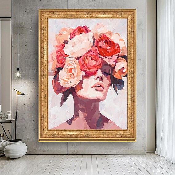 Blush Rose Crown Woman Floral Face Abstract Botanical Art Print