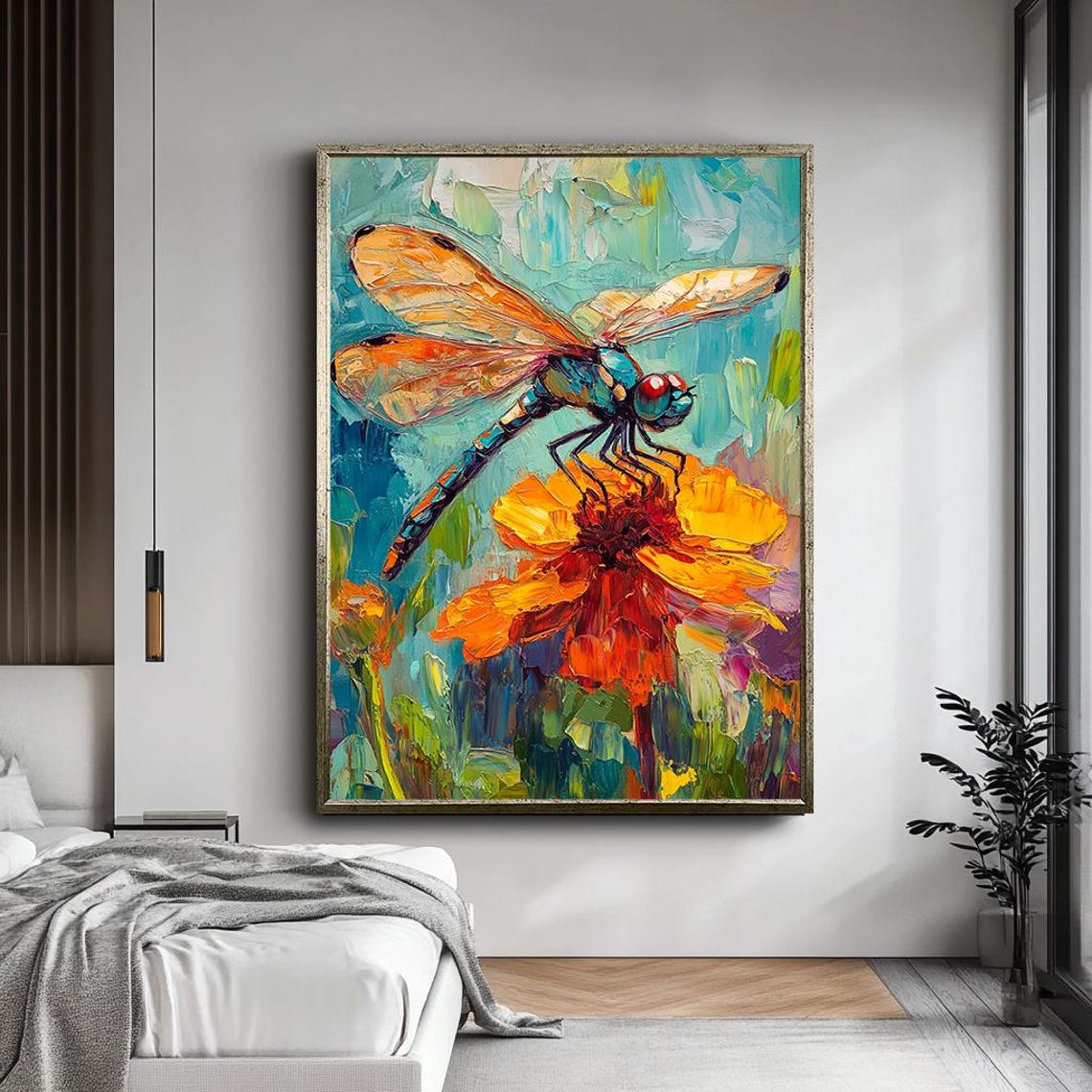 Vibrant Dragonfly On Orange Flower Impasto Botanical Nature Art Poster - Image 4