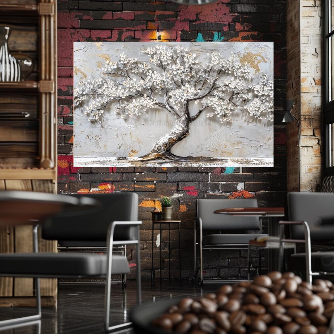 White Blossom Tree Of Life Textured Gold Accent Abstract Art Poster - Image 2