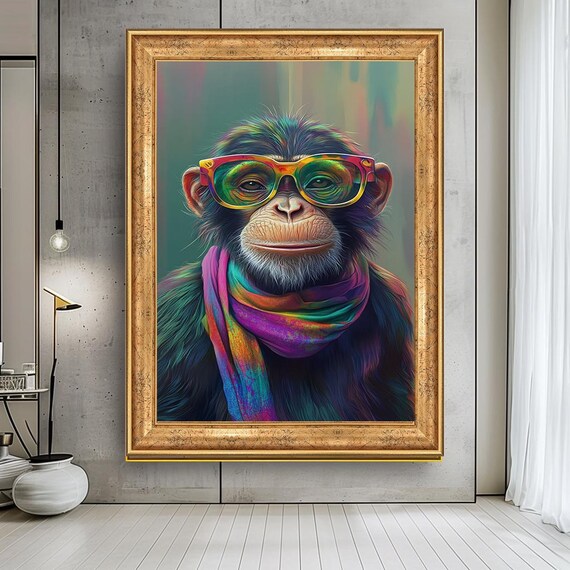 Colorful Monkey With Glasses Canvas Wall Art Vibrant Animal Portrait Decor Modern Abstract Artwork Living Room