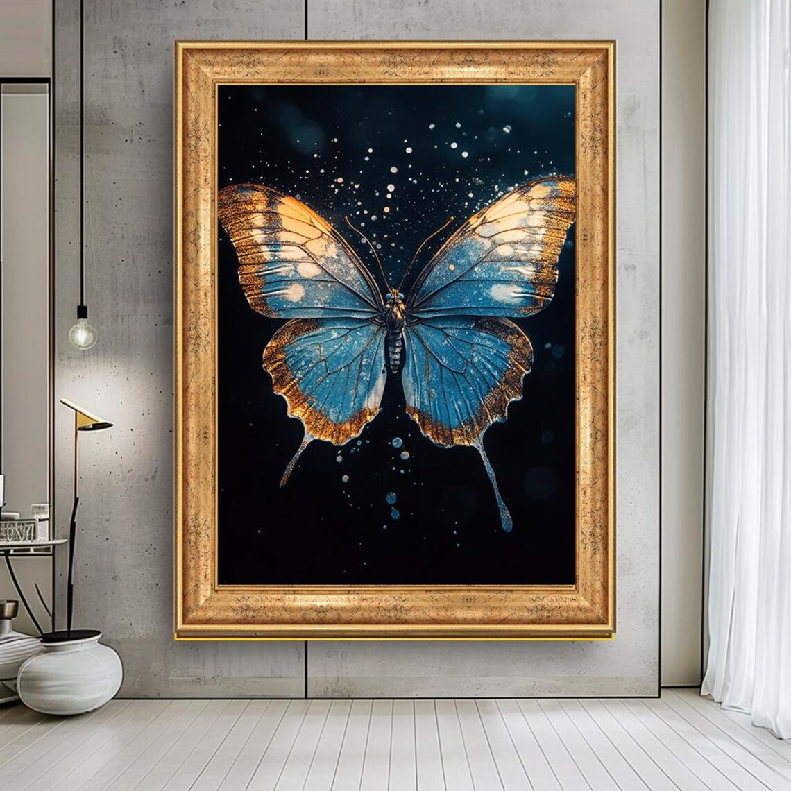 Blue And Gold Butterfly Art Print, Modern Nature