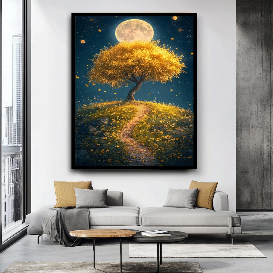 Golden Tree Under Full Moon Fantasy Landscape Art Print - Image 4