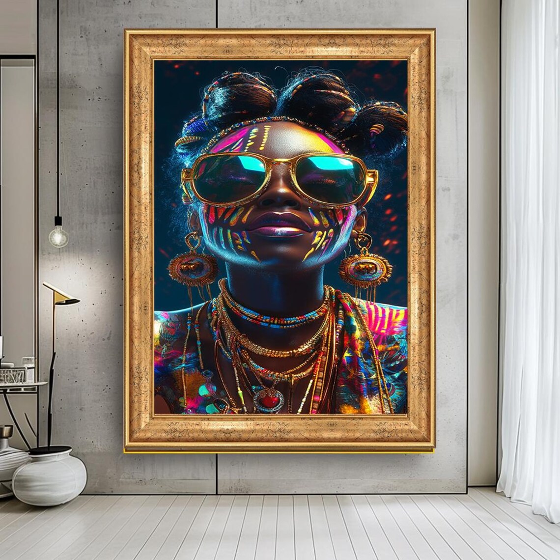 Neon Tribal Woman Portrait Sunglasses Bold Colorful Festival Wall Art