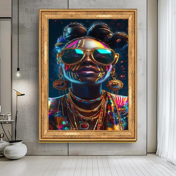 Neon Tribal Woman Portrait Art Colorful African Inspired Wall Decor Bold Festival Style Art Print Vibrant Boho Decor