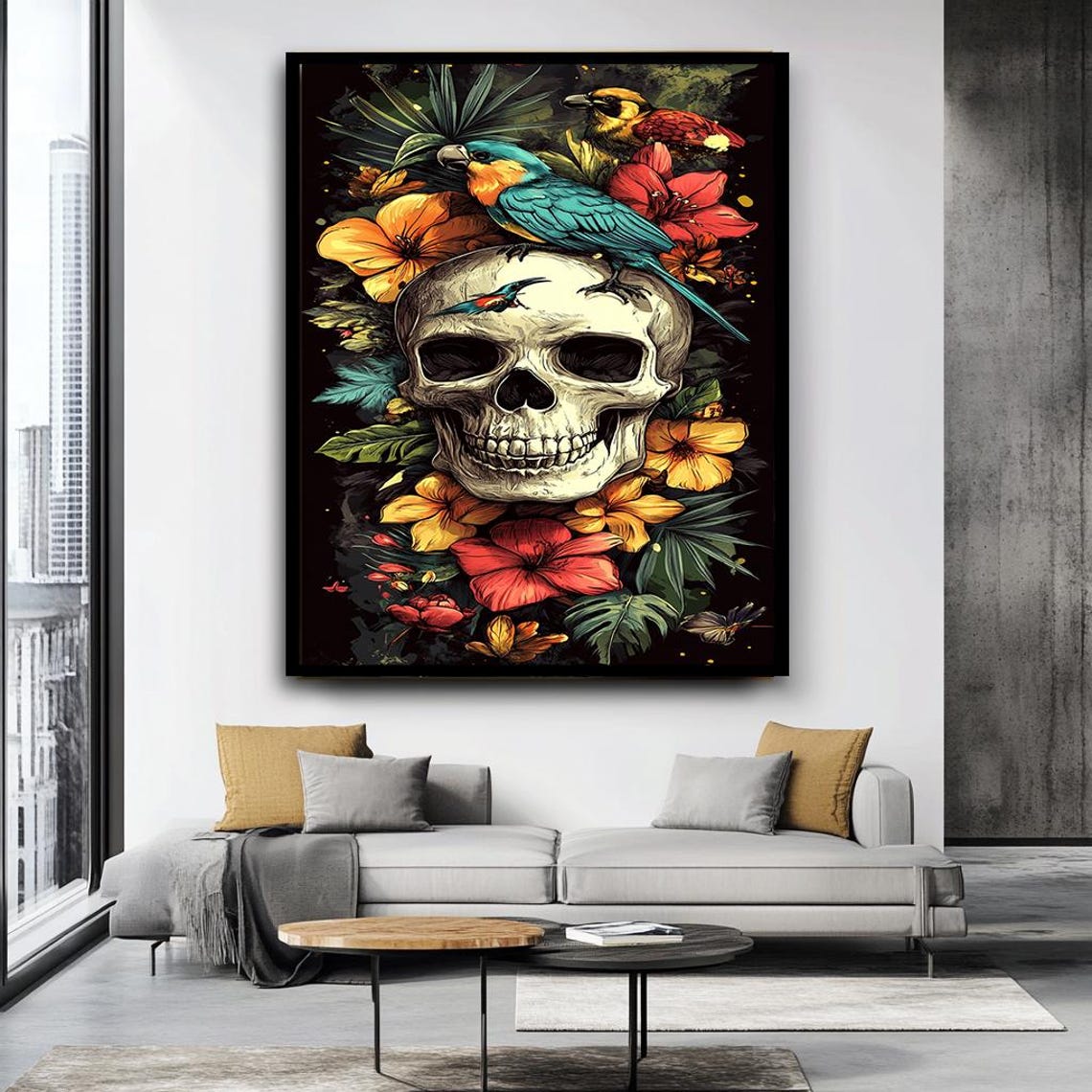 Tropical Skull With Parrots Hibiscus Gothic Floral Art Poster - Image 3