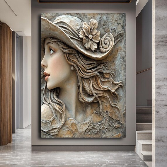 3D Sculptural Woman Profile Hat Stone Relief Romantic Wall Art