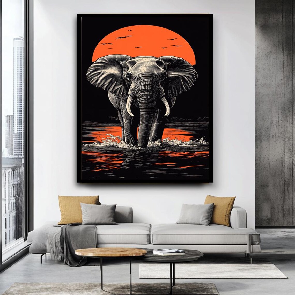 Monochrome Elephant Orange Sun Bold Safari Wildlife Art Poster - Image 3