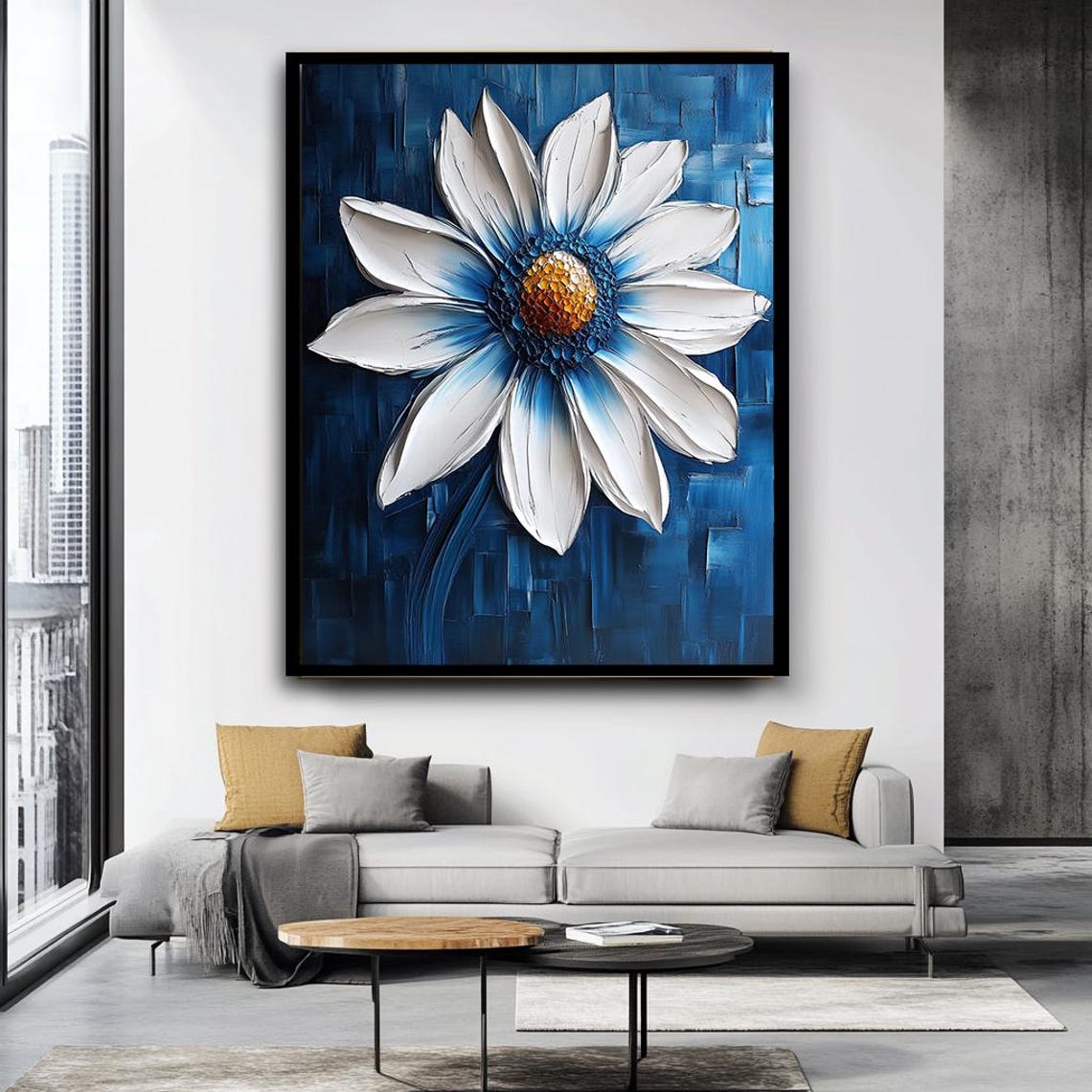 White Daisy Flower Impasto Painting On Deep Blue Botanical Art Poster