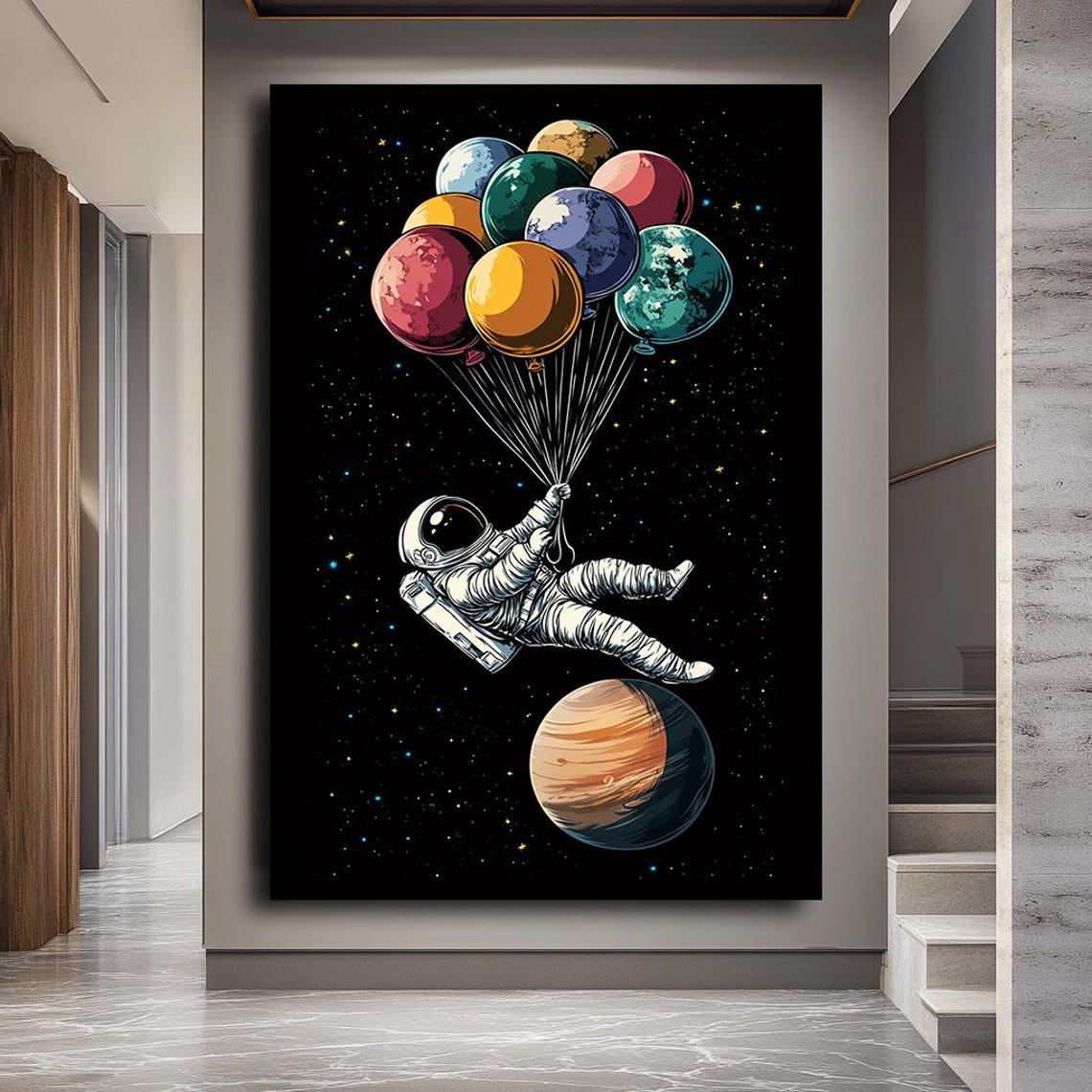 Astronaut Floating With Colorful Planet Balloons Space Poster