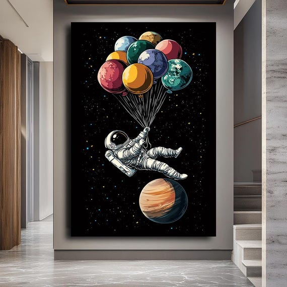 Whimsical Astronaut With Planets Canvas Art Outer Space Wall Decor Colorful And Balloon Print Modern Spacethemed Artwork