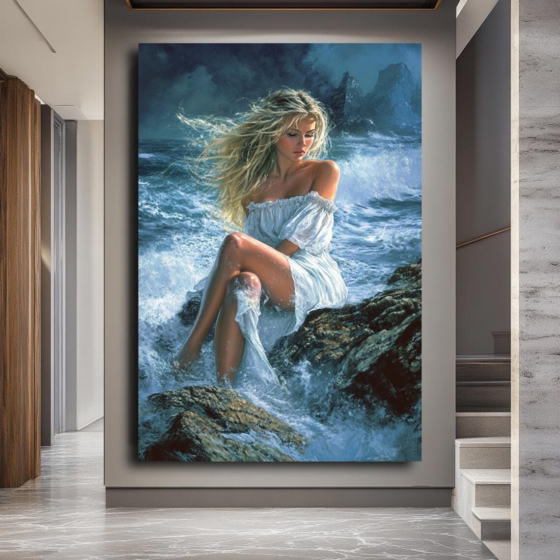 Romantic Woman on Rocks Coastal Wall Art Print - Image 2
