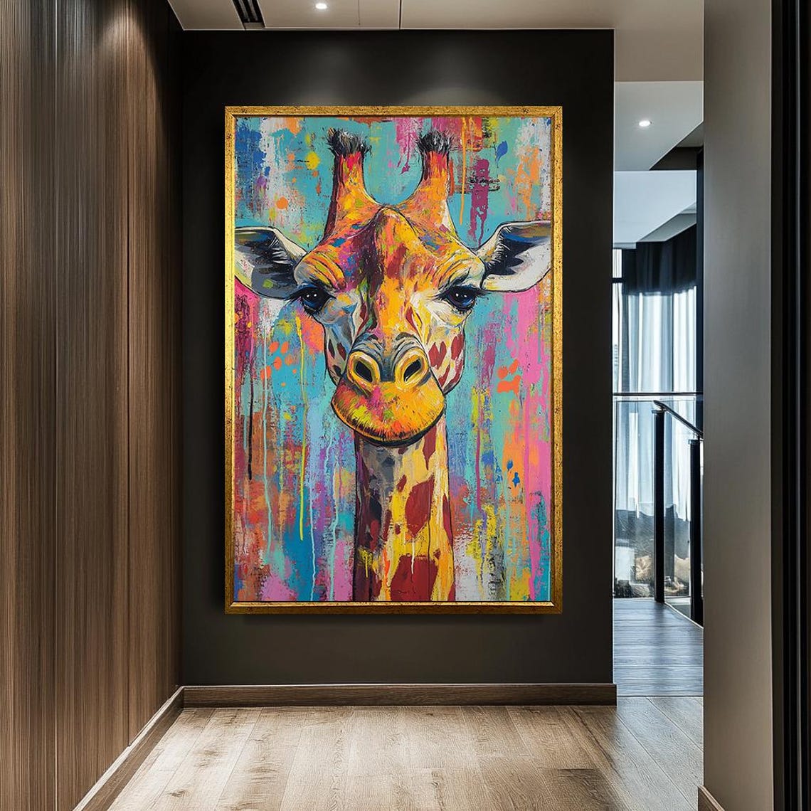 Colorful Giraffe Portrait Splash Paint Abstract Jungle Wall Art