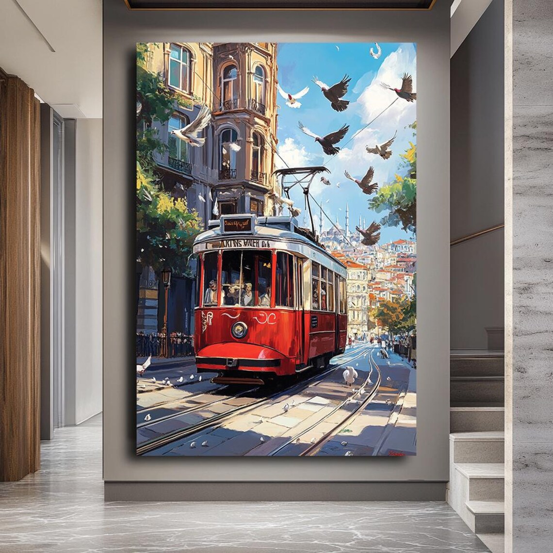 Istanbul Red Tram Nostalgic Street Cityscape Painting Travel Poster