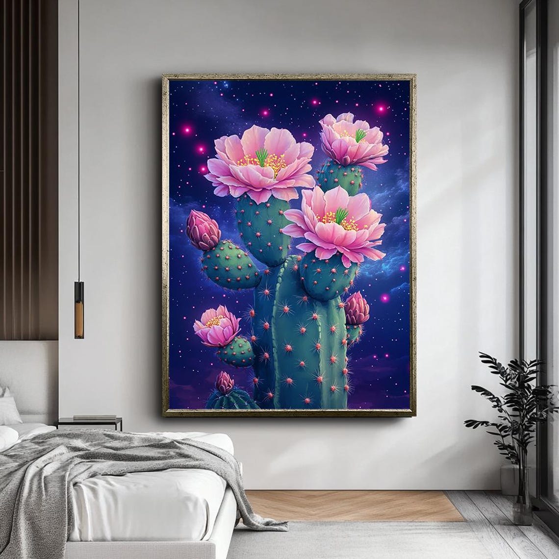 Pink Cactus Flowers Starry Night Cosmic Desert Botanical Wall Art - Image 5