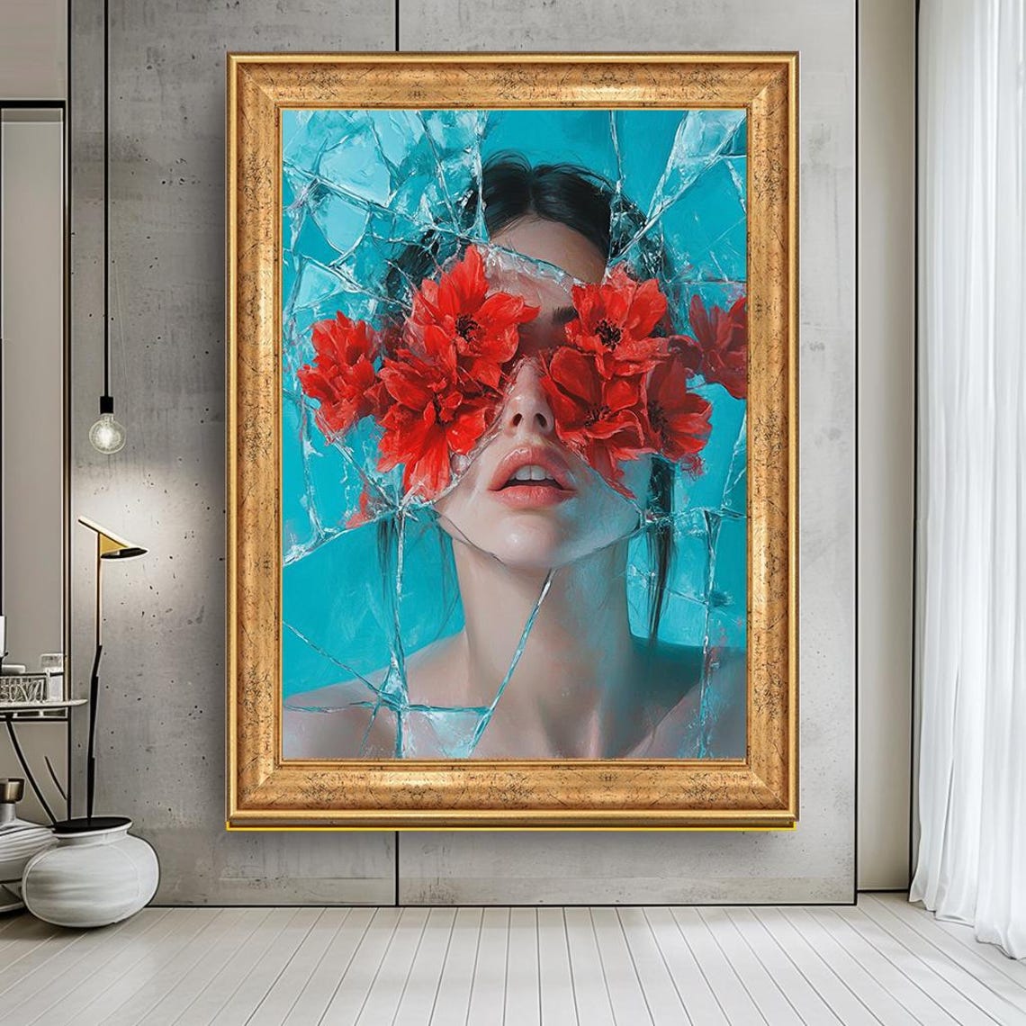 Surreal Woman With Red Flowers Shattered Glass Effect Art Poster